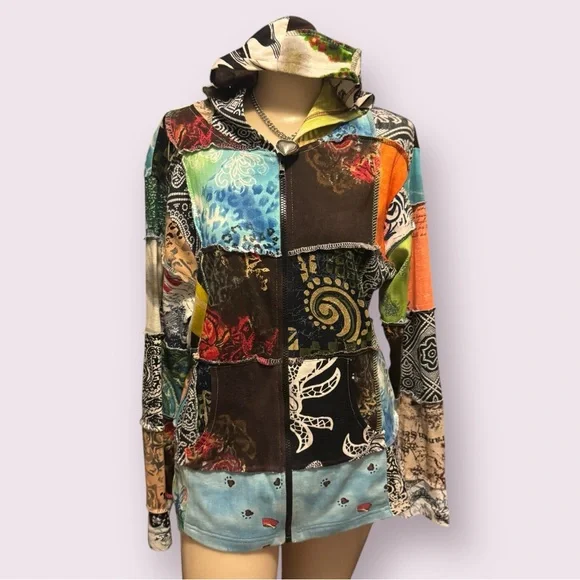 Vintage 90s Y2K Multicolor Patchwork Jacket, Boho Hippie Grunge Core - Picture 4 of 10